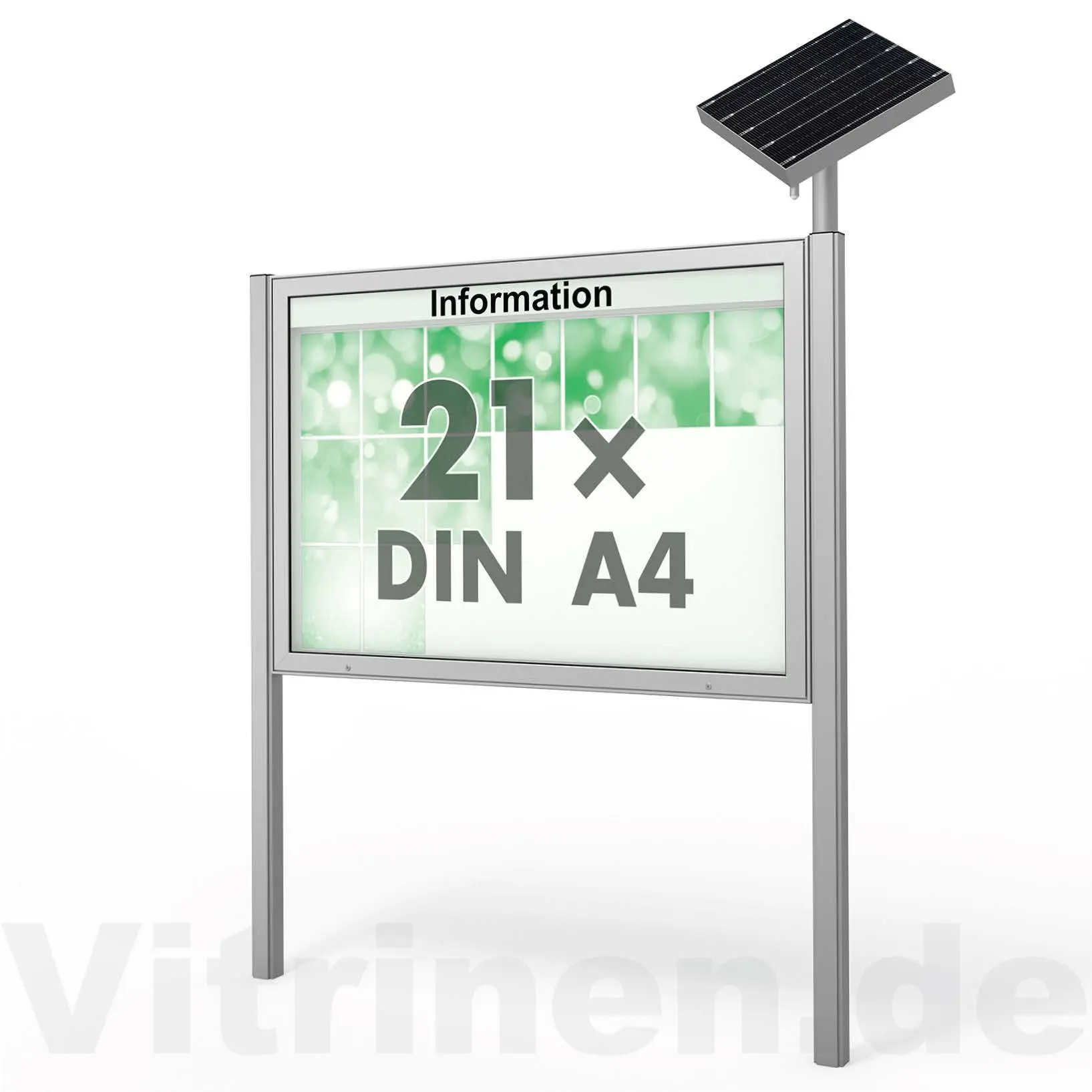 21 x DIN A4 Schaukasten Plenum eckig - der "Klassiker" mit Solar-Modul und Pfosten - Bautiefe 100mm