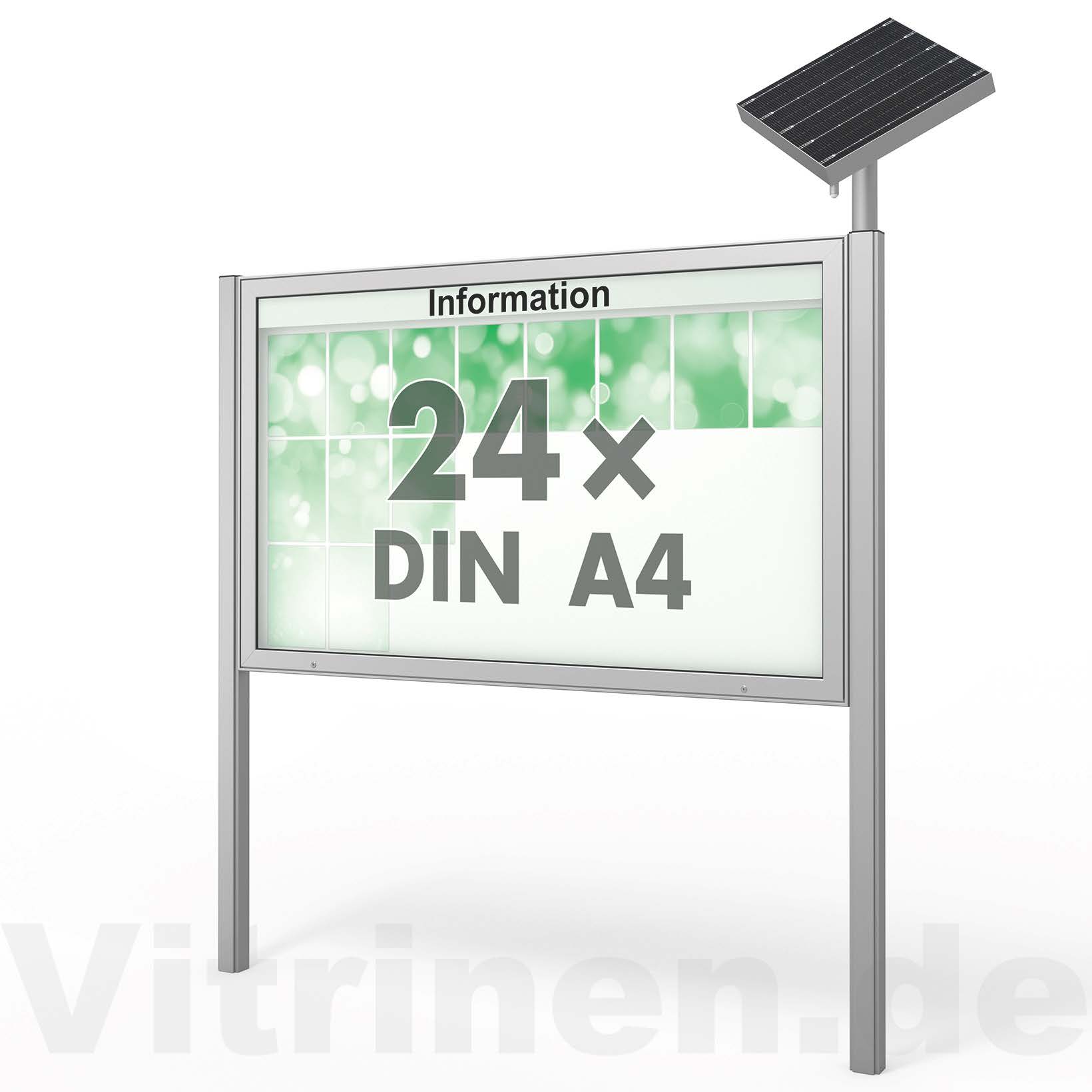 24 x DIN A4 Schaukasten Plenum eckig - der "Klassiker" mit Solar-Modul und Pfosten - Bautiefe 100mm