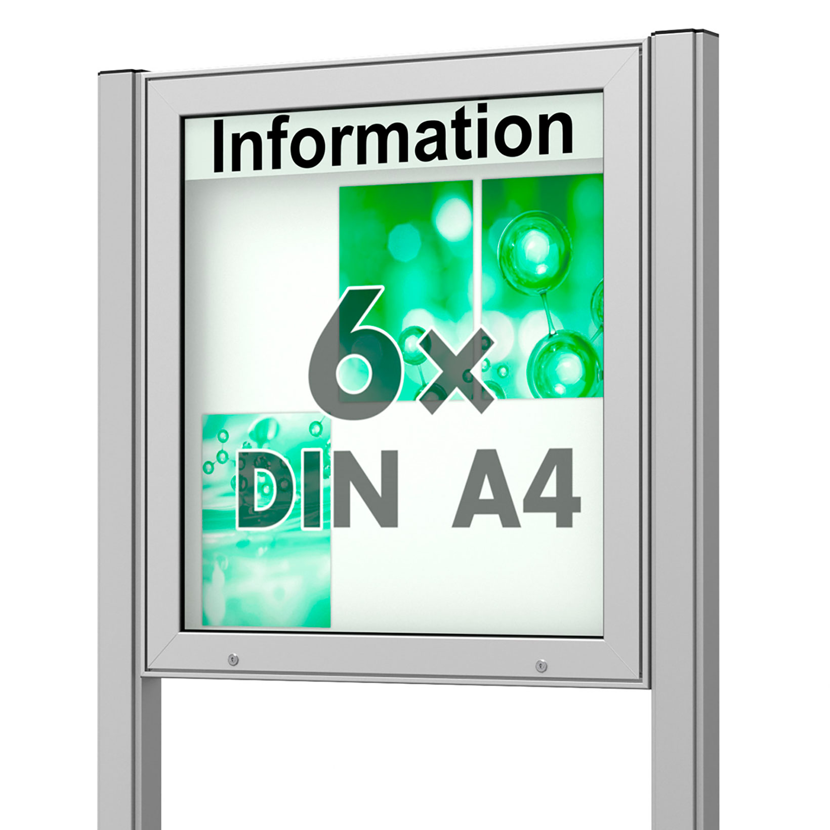 6 x DIN A4 Schaukasten Plenum eckig - der "Klassiker" - 65mm Bautiefe - mit Ständern und optionaler LED-Beleuchtung
